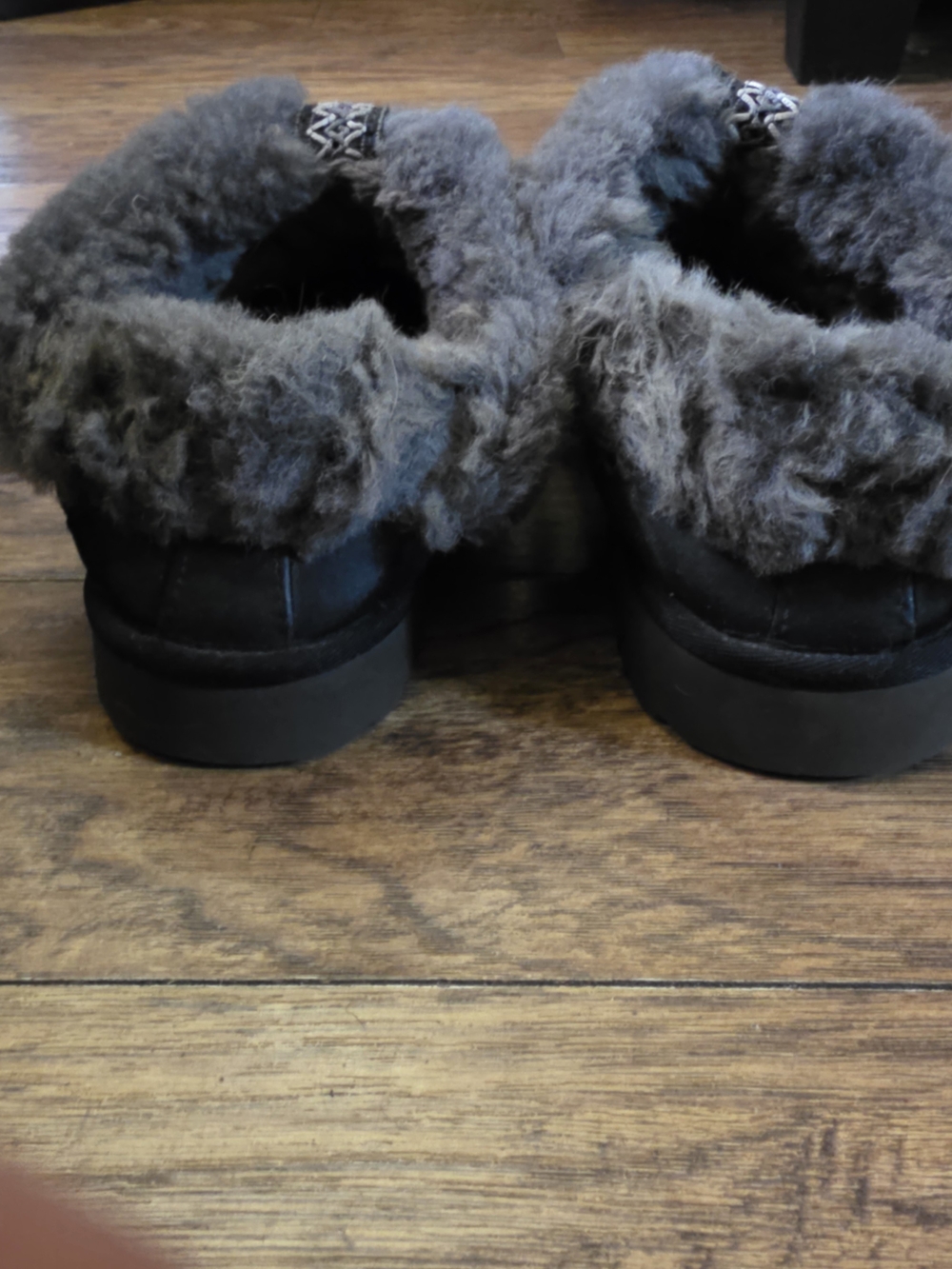 UGG Black Suede Moccasin Slippers with Gray Shearling Cuff - Picture 7 of 11